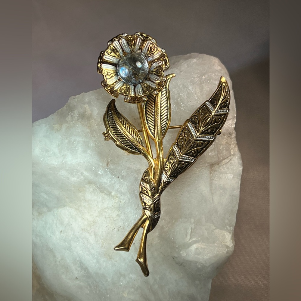 Vintage Damascene Signed Spain Gold Silver Enamel Moonstone Floral Brooch Pin
